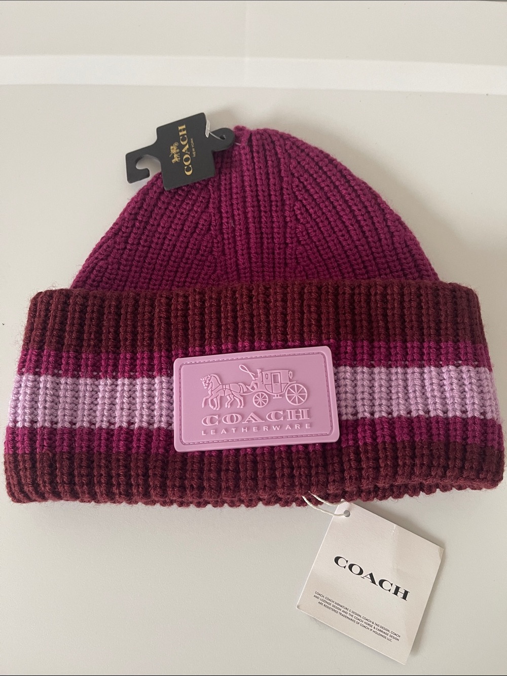 Coach Striped Rib-Knit Beanie in Berry and Mauve